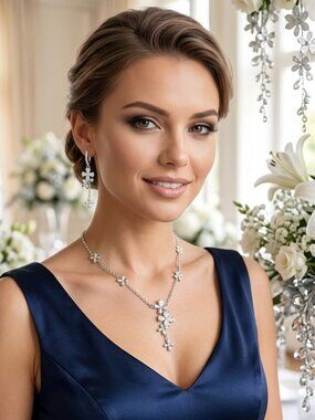 Cz Daisy Flower necklace Earrings Set 14k white gold plated